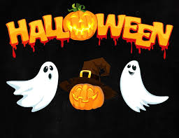 The word "Halloween" with ghosts and a jack o' lantern