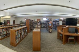 Panoramic photo displaying the interior of the library after installation of new flooring.