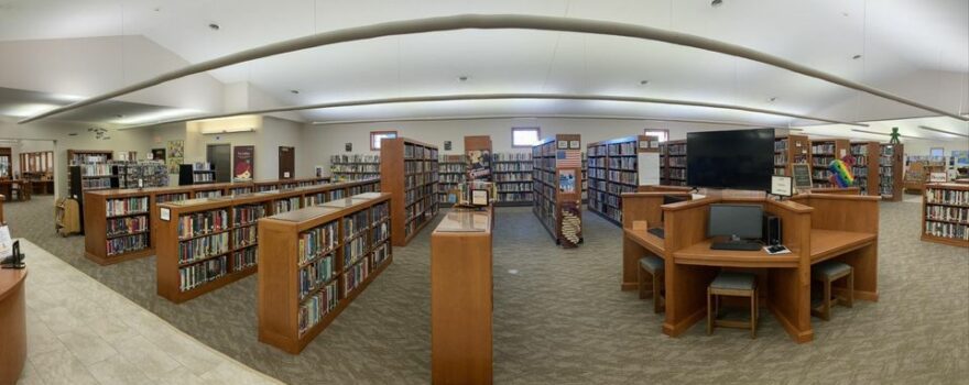 Panoramic photo displaying the interior of the library after installation of new flooring.