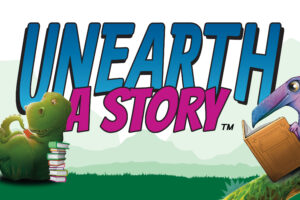Unearth a Story logo featuring a T-rex and Pterodactyl reading books