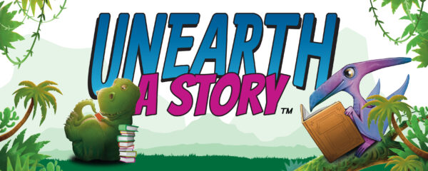Unearth a Story logo featuring a T-rex and Pterodactyl reading books