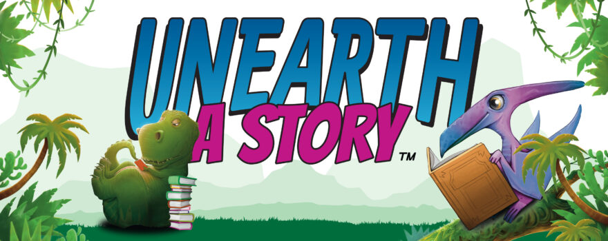 Unearth a Story logo featuring a T-rex and Pterodactyl reading books